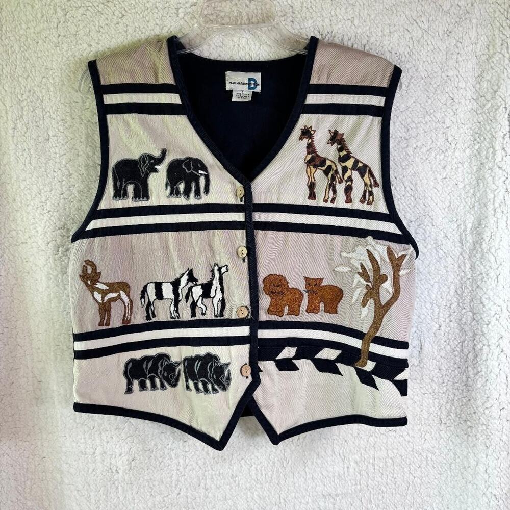 Paul Harris Design Safari Vest Women's Size L Unique African Animals‎